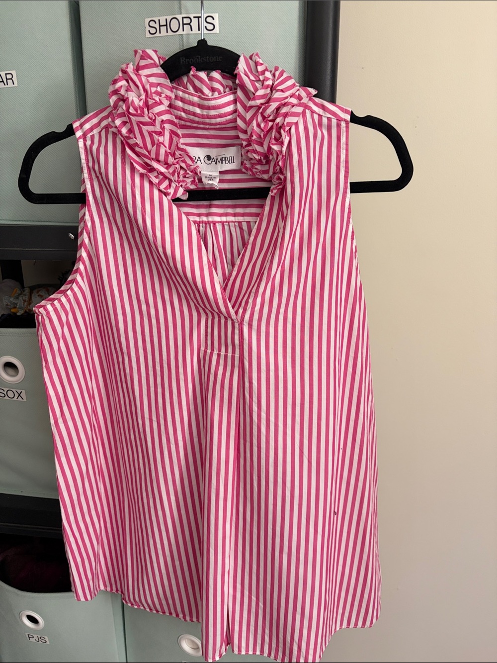 Sara Campbell Pink Stripe Sleeveless Ruffle Collar Top